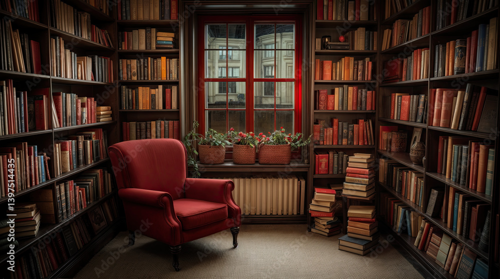 Dark wood bookshelves overflowing with knowledge, creating a warm and inviting atmosphere.