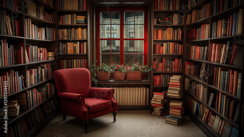 Obraz na płótnie Dark wood bookshelves overflowing with knowledge, creating a warm and inviting atmosphere. w salonie