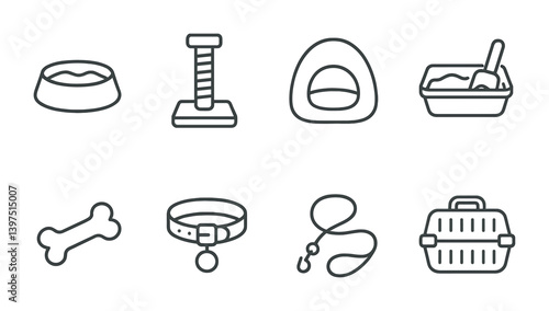 Essential pet accessories icons set - linear style collection featuring 8 unique designs