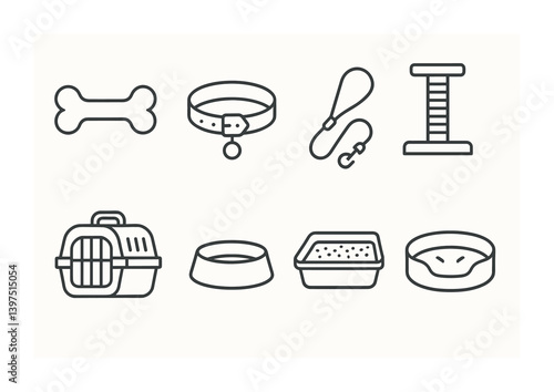 Comprehensive pet care icons set: essential linear style illustrations for all your pet needs