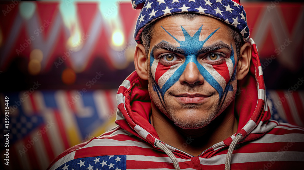 Close-up portrait of a man with vibrant American flag face paint and a matching hoodie.
