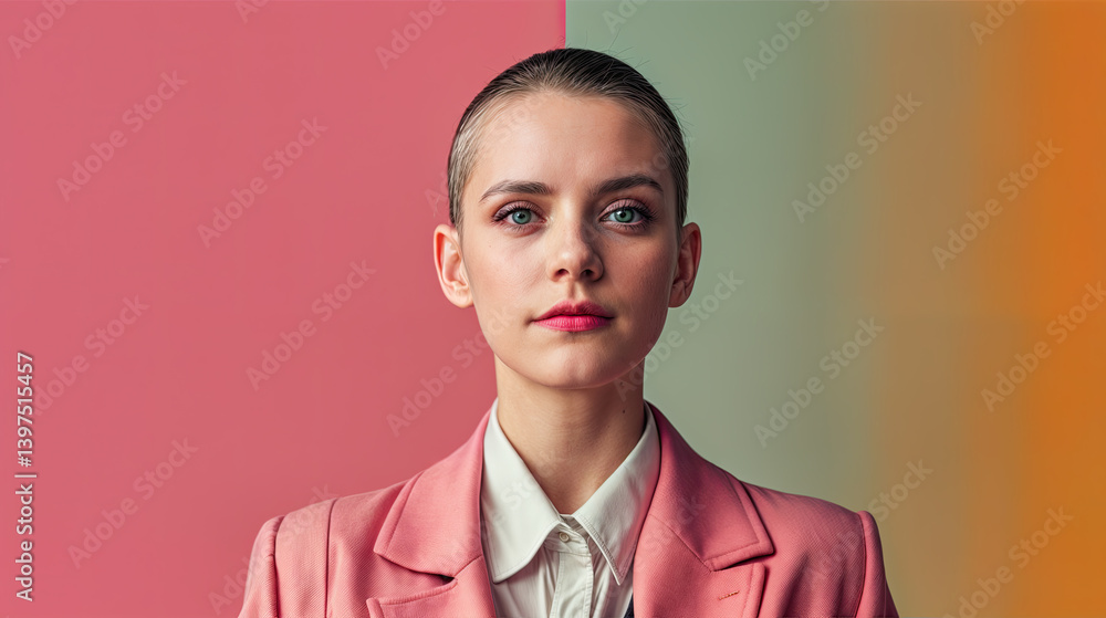 Portrait of a woman in a light pink blazer, highlighting her confident posture.