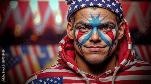 Obraz na płótnie Close-up portrait of a man with vibrant American flag face paint and a matching hoodie. w salonie