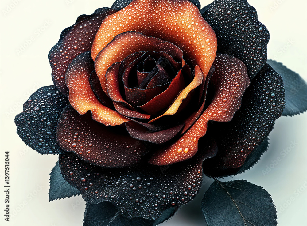 Vibrant hues of deep brown and orange blend seamlessly on the rose's petals, highlighted by glistening water droplets.