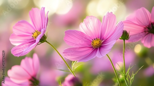 Delicate Pink Cosmos Flowers in a Field of Light