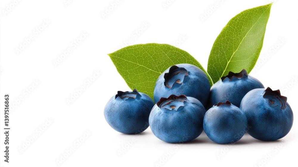 Fresh blueberries with green leaves on a clean white backdrop Fresh blueberries with green leaves on a clean white backdrop