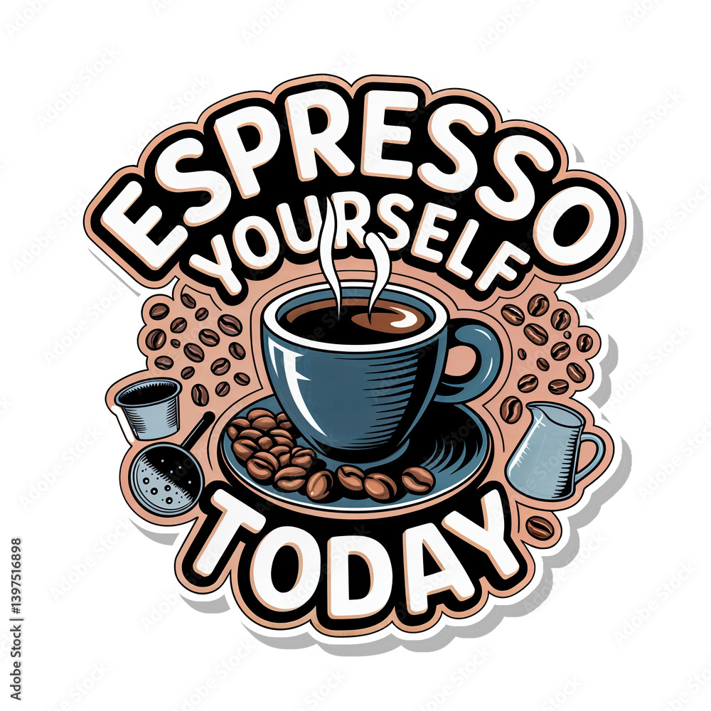 a sticker with a coffee theme. It includes a steaming cup of espresso, coffee beans, a coffee scoop, and a pitcher, all surrounded by the text