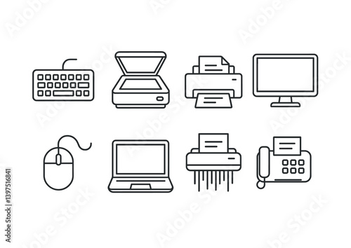 Essential office equipment icons set in linear style for technology and business
