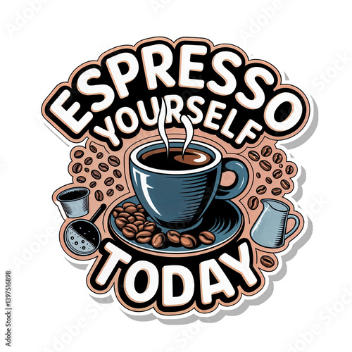 Obraz na płótnie a sticker with a coffee theme. It includes a steaming cup of espresso, coffee beans, a coffee scoop, and a pitcher, all surrounded by the text