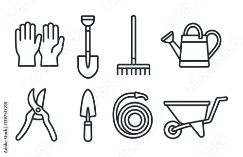 Essential gardening tools icon set - linear style for garden design