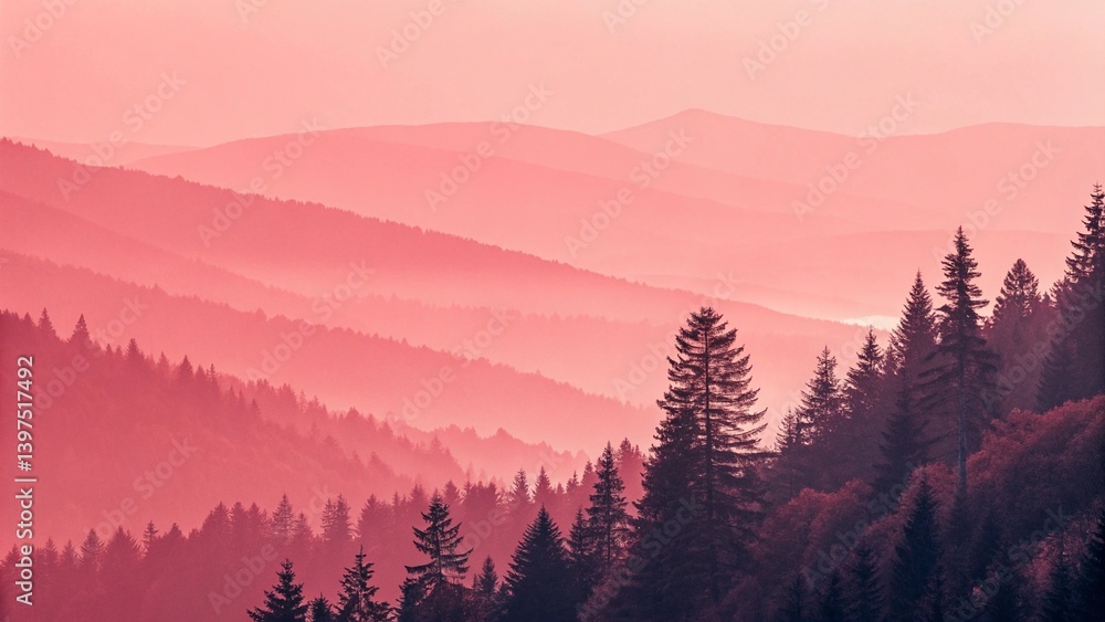 Obraz premium Pink Hazy Mountain Landscape with Pine Trees at Sunset