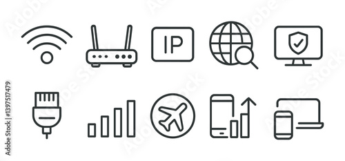 Essential connectivity icons set: linear style for network, internet, and communication themes