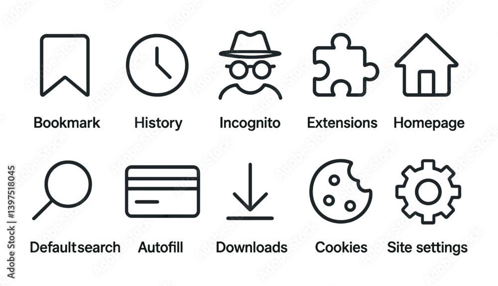 Fototapeta premium Essential web browser icons set: bookmark, history, incognito, and more
