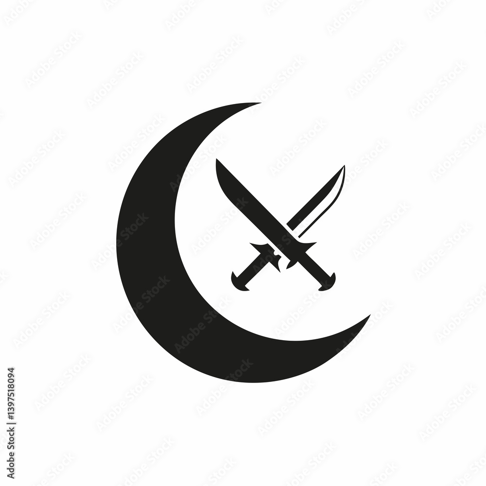 A crescent moon shelters crossed swords, symbolizing nocturnal protection and unwavering defense in a stark, minimalist design. A crescent moon shelters crossed swords, symbolizing nocturnal protection and unwavering defense in a stark, minimalist design.