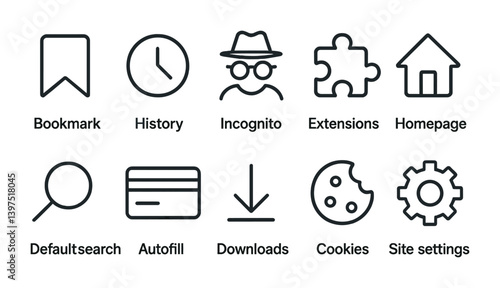 Essential web browser icons set: bookmark, history, incognito, and more