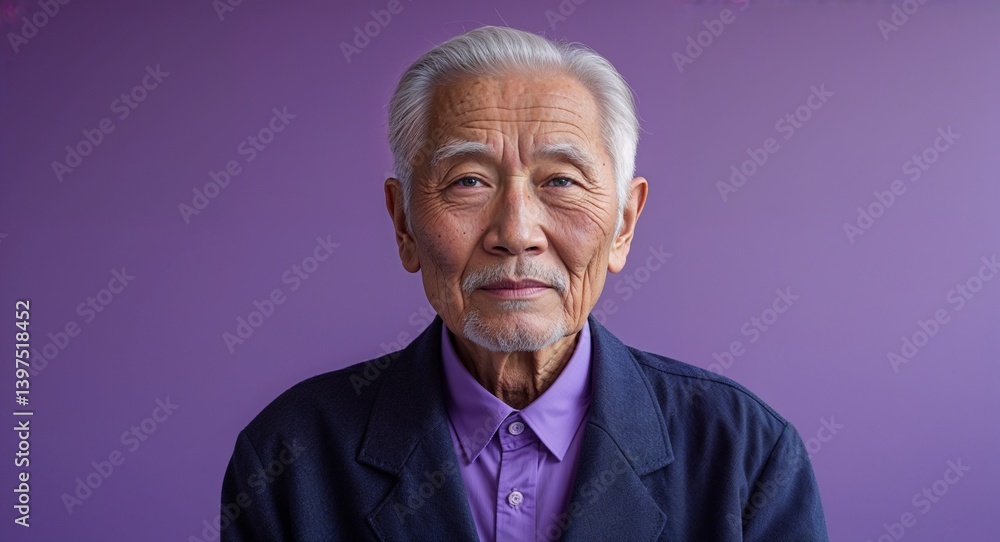 Caucasian elderly man on purple plain bright background modern chic fashion pose model portrait portrait banner with copy space ad concept marketing Caucasian elderly man on purple plain bright background modern chic fashion pose model portrait portrait banner with copy space ad concept marketing
