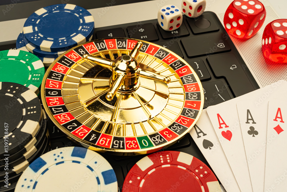 Image depicts a lively casino scene with a roulette wheel, poker cards, and chips, suggesting gaming, entertainment, and possibly online gambling
