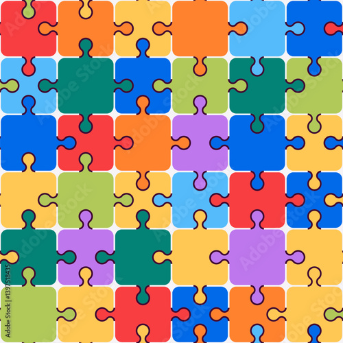 Puzzle seamless pattern. Vector illustration. Colorful pieces of puzzle. Mosaic tiles. Jigsaw game. Infographic diagram template.