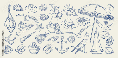 Summer sea vacation whimsical doodle style set. Italian coastal holiday hand drawn collection. Seaside mood for card, beach party poster, label, print, banner, travel website. Vector ink illustration.