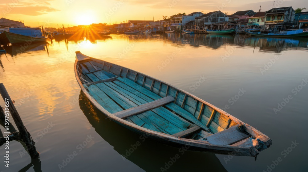 Weathered Wooden Boat at Sunset on Calm Asian River