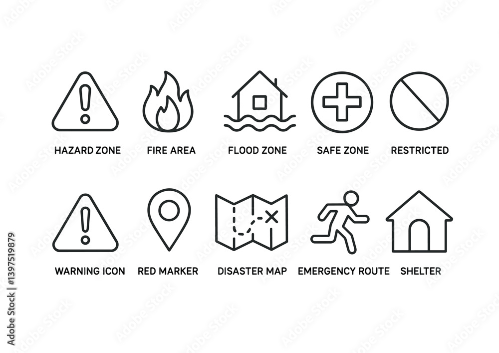 Disaster and safety zone icons set: linear style for emergency preparedness Disaster and safety zone icons set: linear style for emergency preparedness