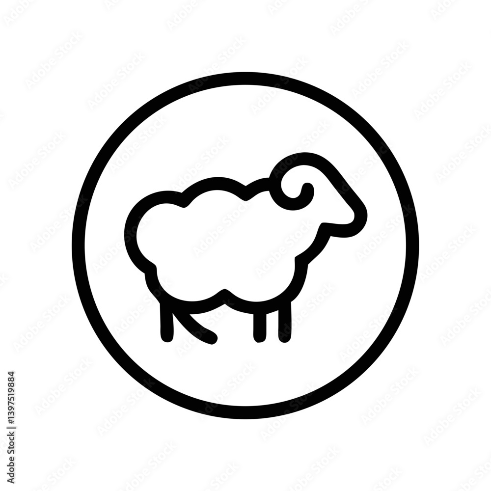 A peaceful ram stands serenely within a bold circular frame, a simple yet striking monochrome design. A peaceful ram stands serenely within a bold circular frame, a simple yet striking monochrome design.