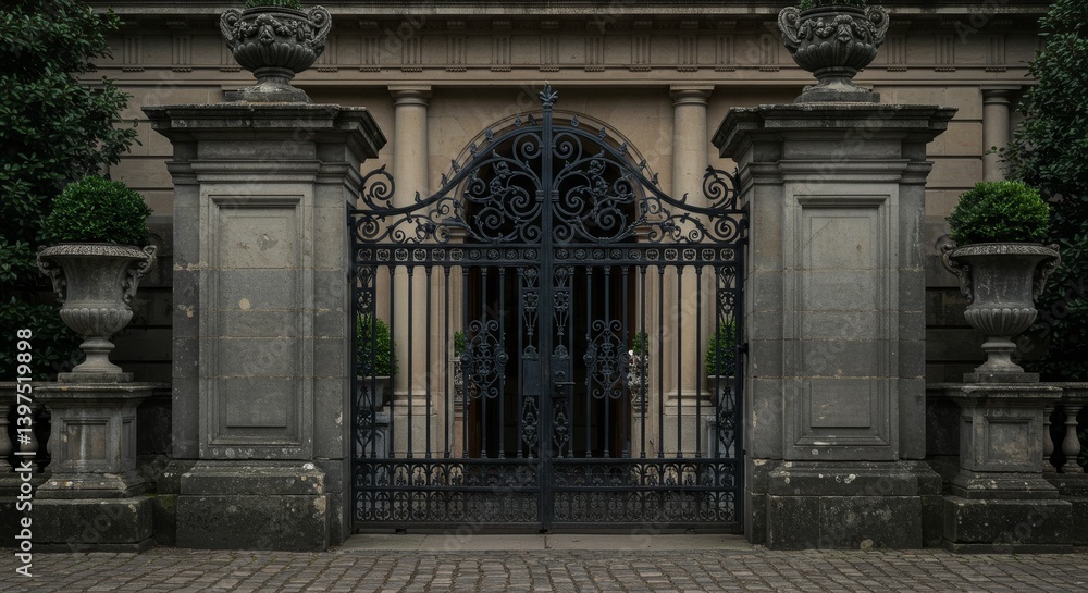 Elegant Iron Gate Entrance - A stately iron gate, flanked by stone pillars and urns, symbolizes elegance, security, exclusivity, grandeur, and heritage Elegant Iron Gate Entrance - A stately iron gate, flanked by stone pillars and urns, symbolizes elegance, security, exclusivity, grandeur, and heritage