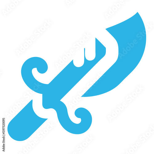 A powerful hand grips a stylized curved sword, a symbol of strength and resilience, rendered in vibrant sky blue with bold, simple lines.