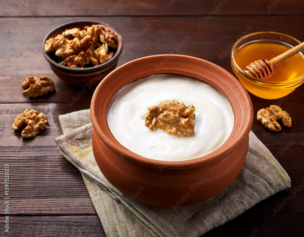 Traditional Bulgarian yogurt served in a clay pot with fresh honey and walnuts on a wooden table. Traditional Bulgarian yogurt served in a clay pot with fresh honey and walnuts on a wooden table.