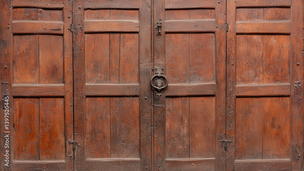 Weathered Wooden Door with Ornate Metal Ring Pull Handle Detailed Brown Panels and Rustic Texture