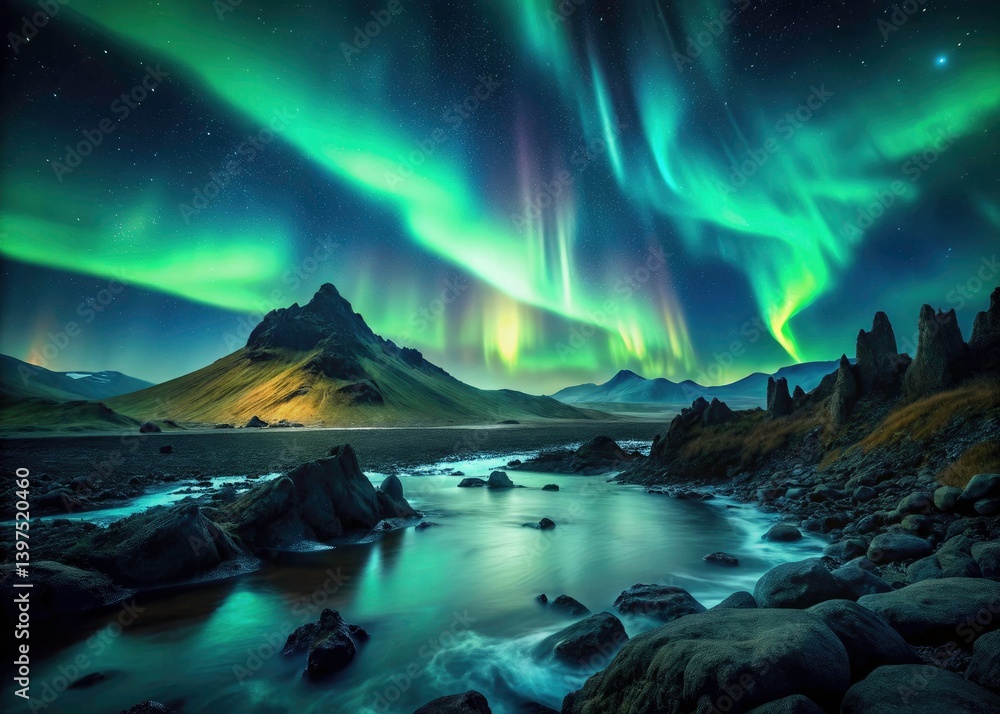 Naklejka premium Iceland Night Photography: Rugged Landscapes, Aurora Borealis, Starry Sky, Volcanic Mountains, Dramatic Scenery, Midnight Sun, Icelandic Nature