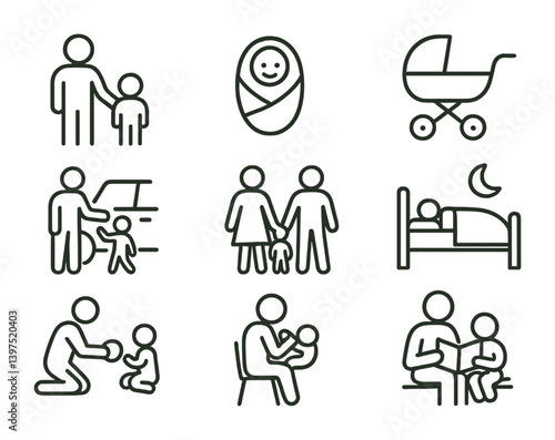 Family and parenting icons set featuring daily activities in linear style