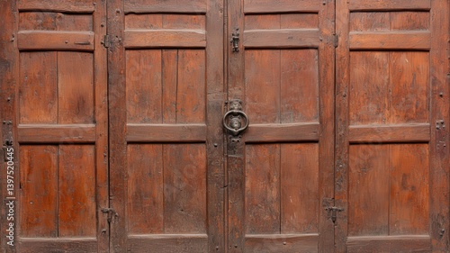 Obraz na płótnie Weathered Wooden Door with Ornate Metal Ring Pull Handle Detailed Brown Panels and Rustic Texture w salonie