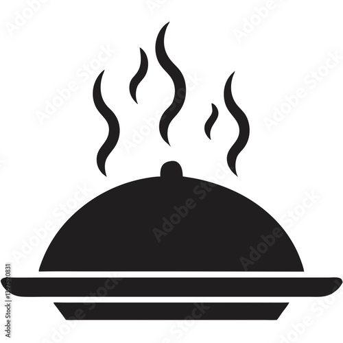 A steaming hot dish, ready to be served, a culinary masterpiece under a silver cloche, in bold black silhouette.