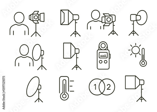 Photography studio equipment linear icons set: lighting, cameras, and more