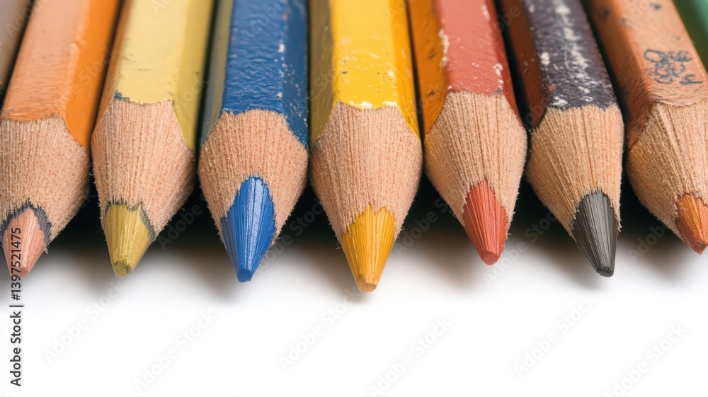 Well-Used Colored Pencils on White Background