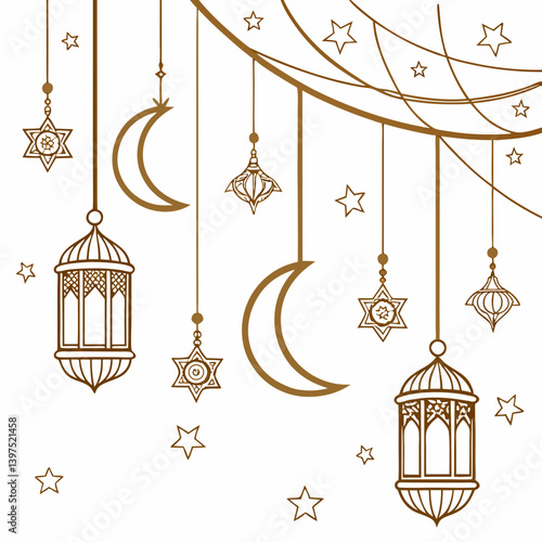 Elegant crescent moons, stars, and ornate lanterns hang delicately, celebrating Ramadan's serene and spiritual beauty in a golden line art design.