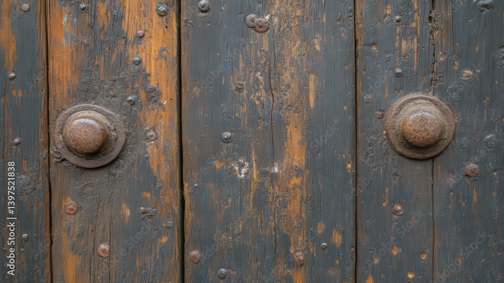 Weathered Wooden Planks with Rusty Metal Studs