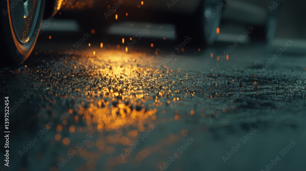 Wet Asphalt With Golden Light Reflections Close Up