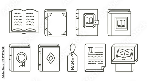 Antique book icons set: 8 unique linear designs for libraries and collectors