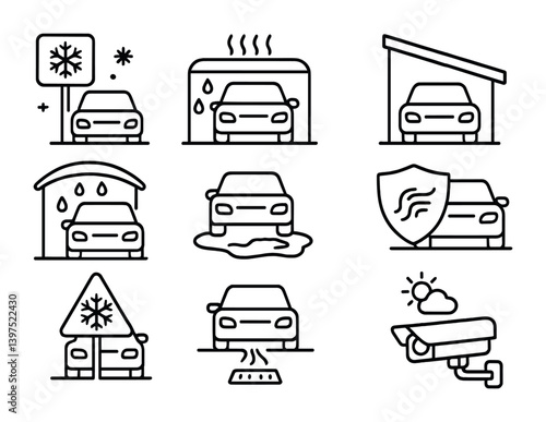 Winter car protection icons set: garage, shield, camera, snowflake, temperature, drainage