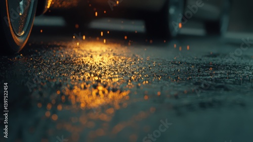 Obraz na płótnie Wet Asphalt With Golden Light Reflections Close Up w salonie