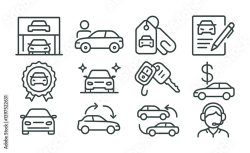 Linear car dealership icons set: buy, sell, finance, and service symbols