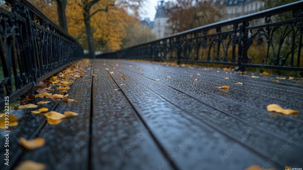 Wet Autumn Bridge Deck with Fallen Leaves