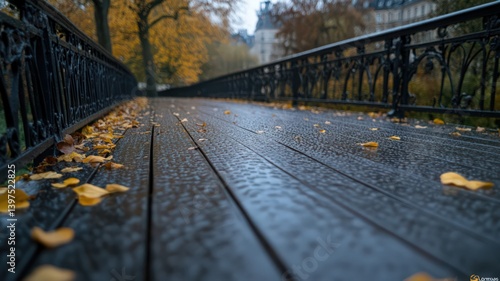 Obraz na płótnie Wet Autumn Bridge Deck with Fallen Leaves w salonie