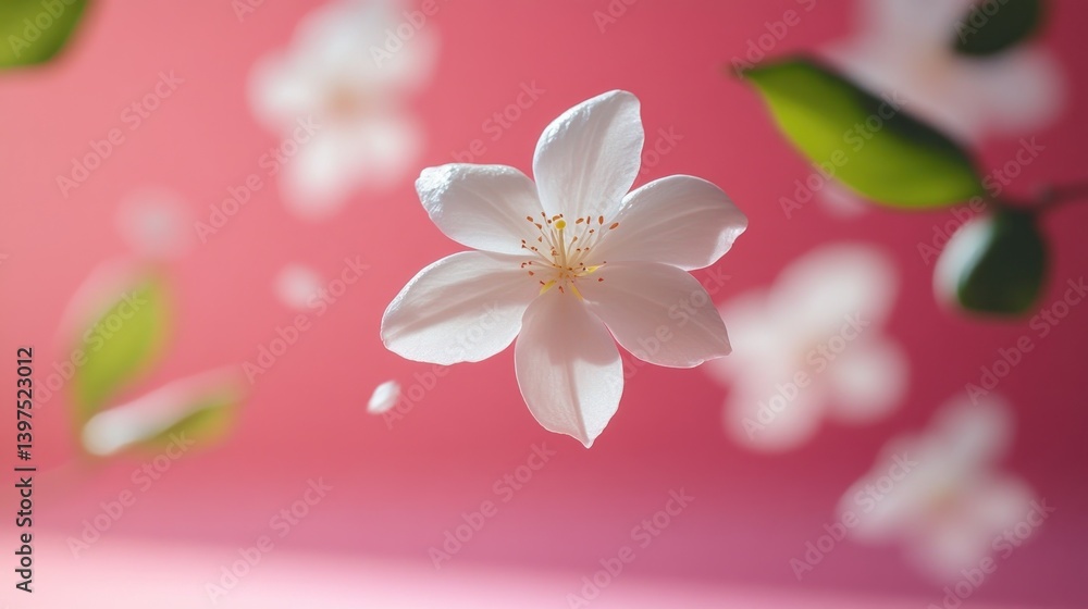 Obraz premium Falling White Flowers on Pink Background: A Delicate Dance of Petals