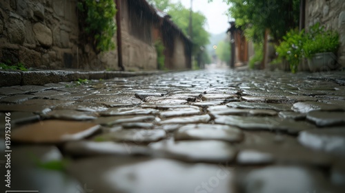 Wet Cobblestone Street after Rain Featuring Stone Buildings with Rainy Cityscape and Low Angle Point of View with Stone Texture and European Ambiance