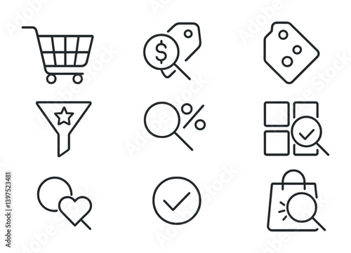E-commerce essentials icon set: shopping, discount, and payment symbols in linear style