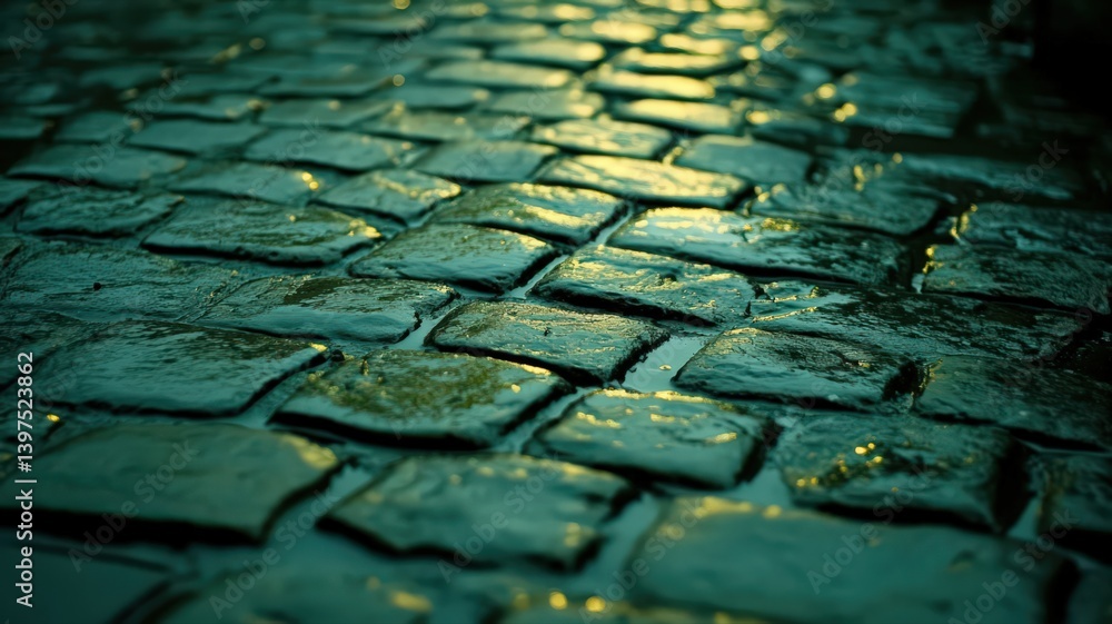 Wet Cobblestone Street at Golden Hour