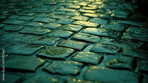 Obraz na płótnie Wet Cobblestone Street at Golden Hour w salonie